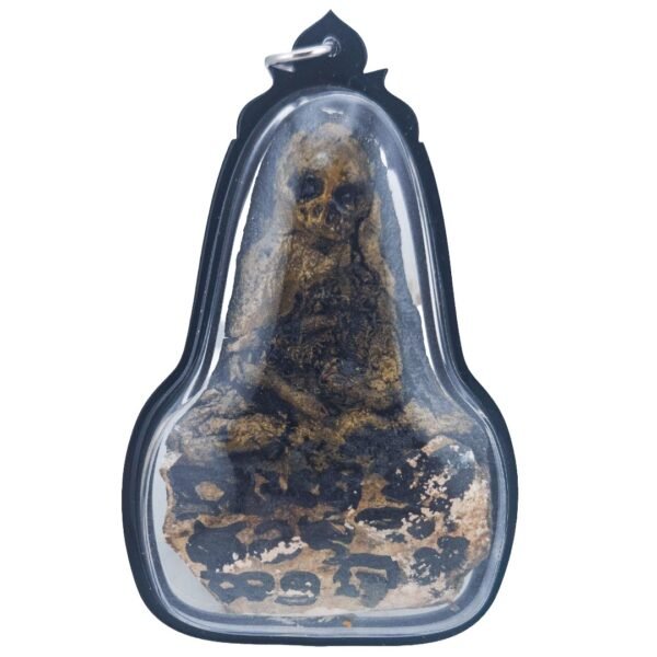 Full front view of Ajarn Tom's BE 2569 handmade Prai Thong, featuring a skull-faced seated figure inside a black protective casing.