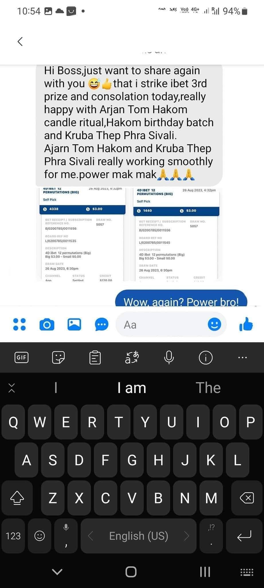 Customer shares a Hakom experience involving 4D third prize and consolation winnings, expressing happiness with the results.