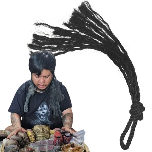 Composite image showing Ajarn Kitkamo during a ritual session beside his black multi-tailed Prai Command Whip.