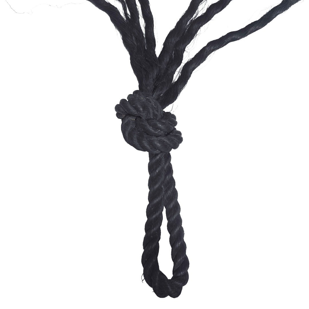 Detailed view of the braided loop handle and thick central knot of Ajarn Kitkamo's Prai Command Whip.