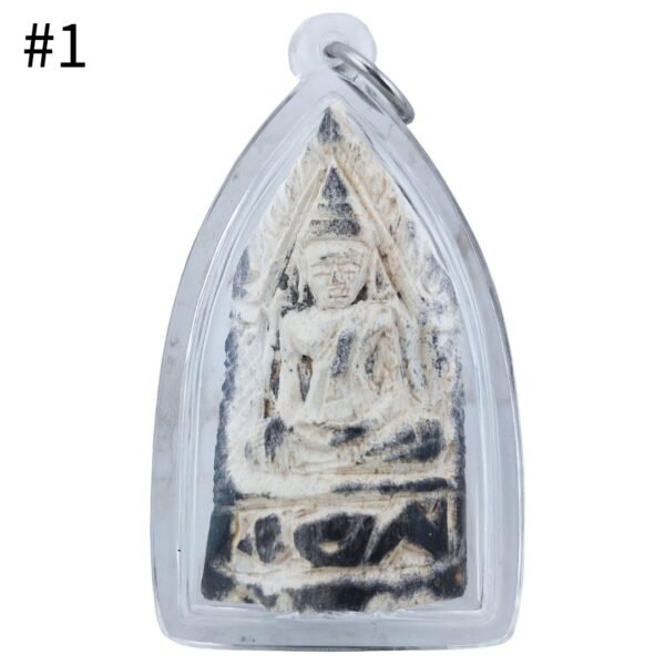 Front of Gradook Prai Khun Paen piece 1 showing the seated figure with pale textured relief and dark markings inside a clear casing